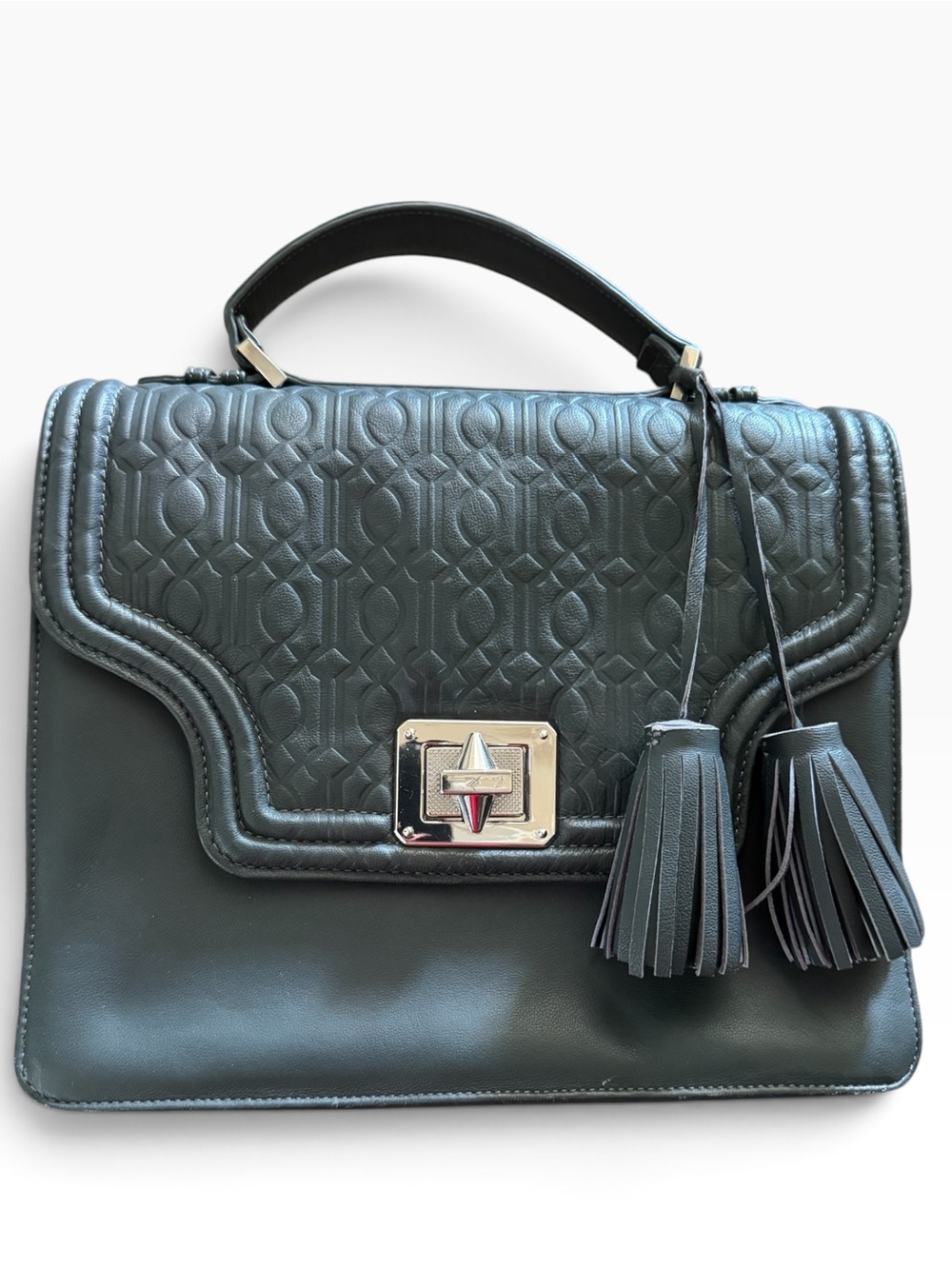 B Brian Atwood Black Monogram Embossed Top Handle Satchel Bag with Tassels